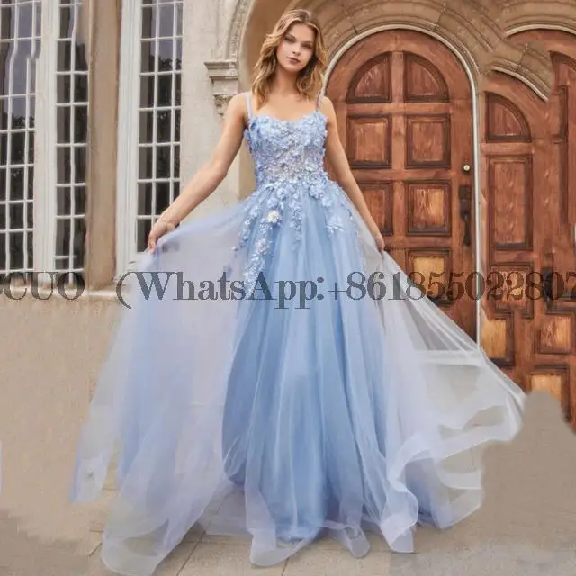 

Blue Gorgeous Fairy Flowers Tulle Prom Dress Dreamy Spaghetti Straps V-Neck A Line Graduation Backless Evening Party Gown