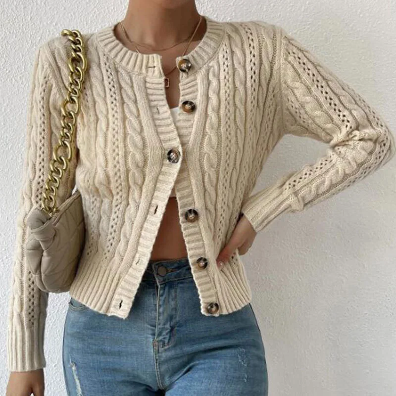 2026 Autumn Sweater Women's Twist Crew Neck Button Cardigan Long Sleeve Jacket Knitted Sweater