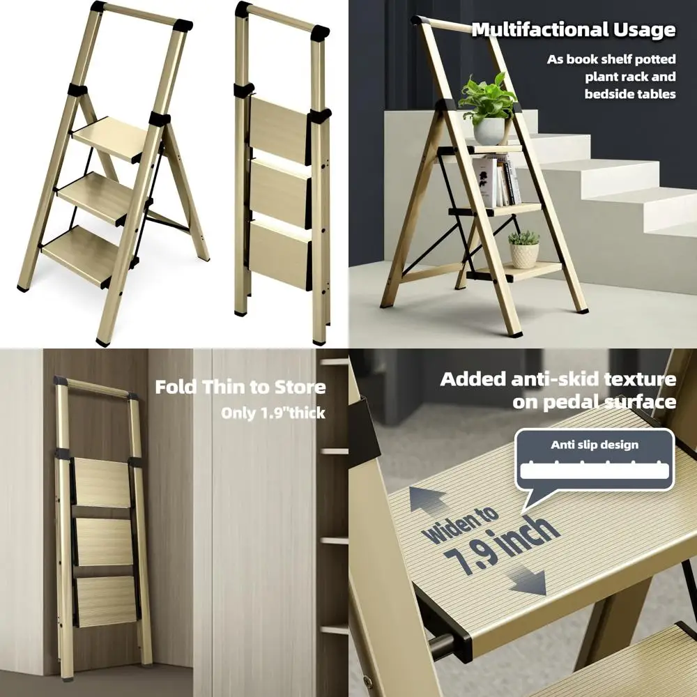 سلم ألومنيوم قابل للطي بثلاث خطوات مع مقبض يدوي، معالجات مضادة للانزلاق، سعة 330 رطل، خفيف الوزن ومحمول للاستخدام المنزلي