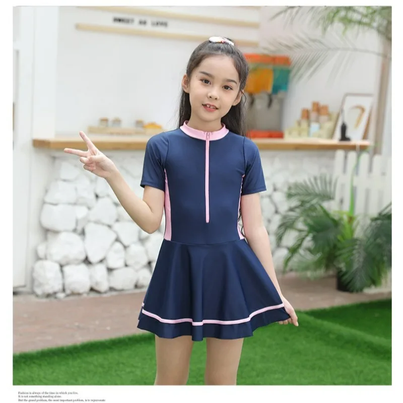 Girls Swimwear 2026 New Korean Solid Color One-Piece Swimsuit Conservative Bathing Suit for Teenager Student Swimming Dress - view 3