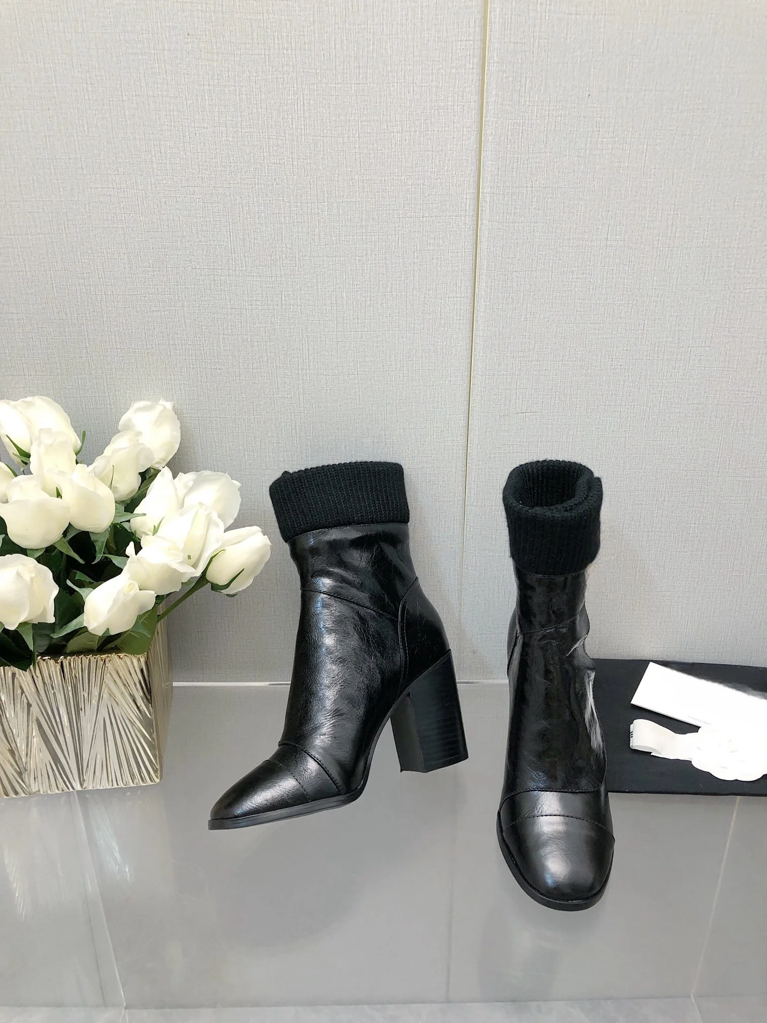 2023 autumn and winter new wool boots high heel boots, knitted wool splicing leather material, delicate and soft