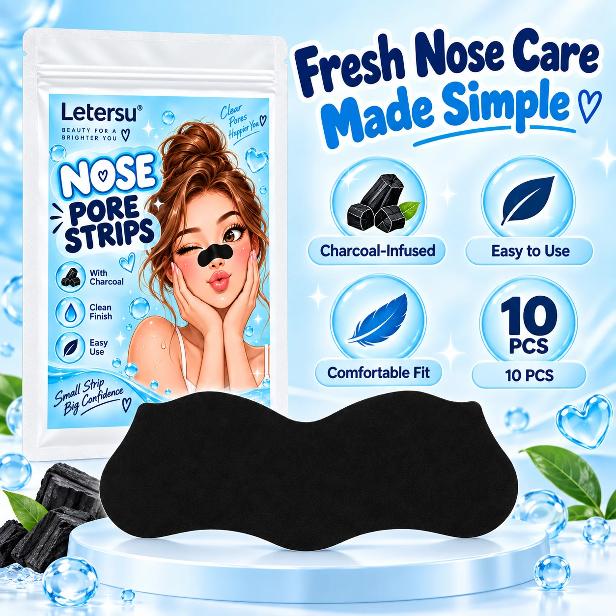 10PCS Charcoal Nose Pore Strips, Blackhead Remover Deep Cleansing Nose Patches, Oil Control Easy Use for Men Women