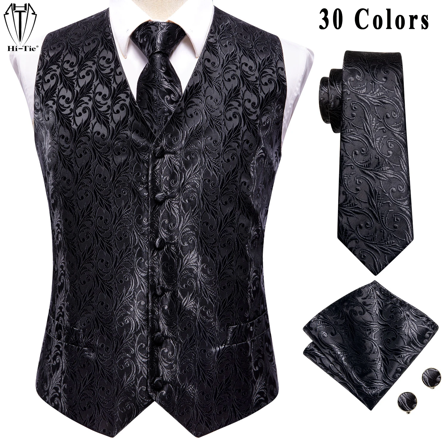 

Hi-Tie Designer Jacquard Silk Mens Vest Sleeveless Waist Jacket Pure Black Floral Waistcoat Neck Tie Hanky Cufflinks Set for Men