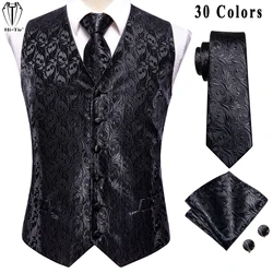 Conjunto de colete de seda Jacquard masculino, jaqueta sem mangas, colete floral preto puro, gravata no pescoço, abotoaduras Hanky, designer Hi-Tie