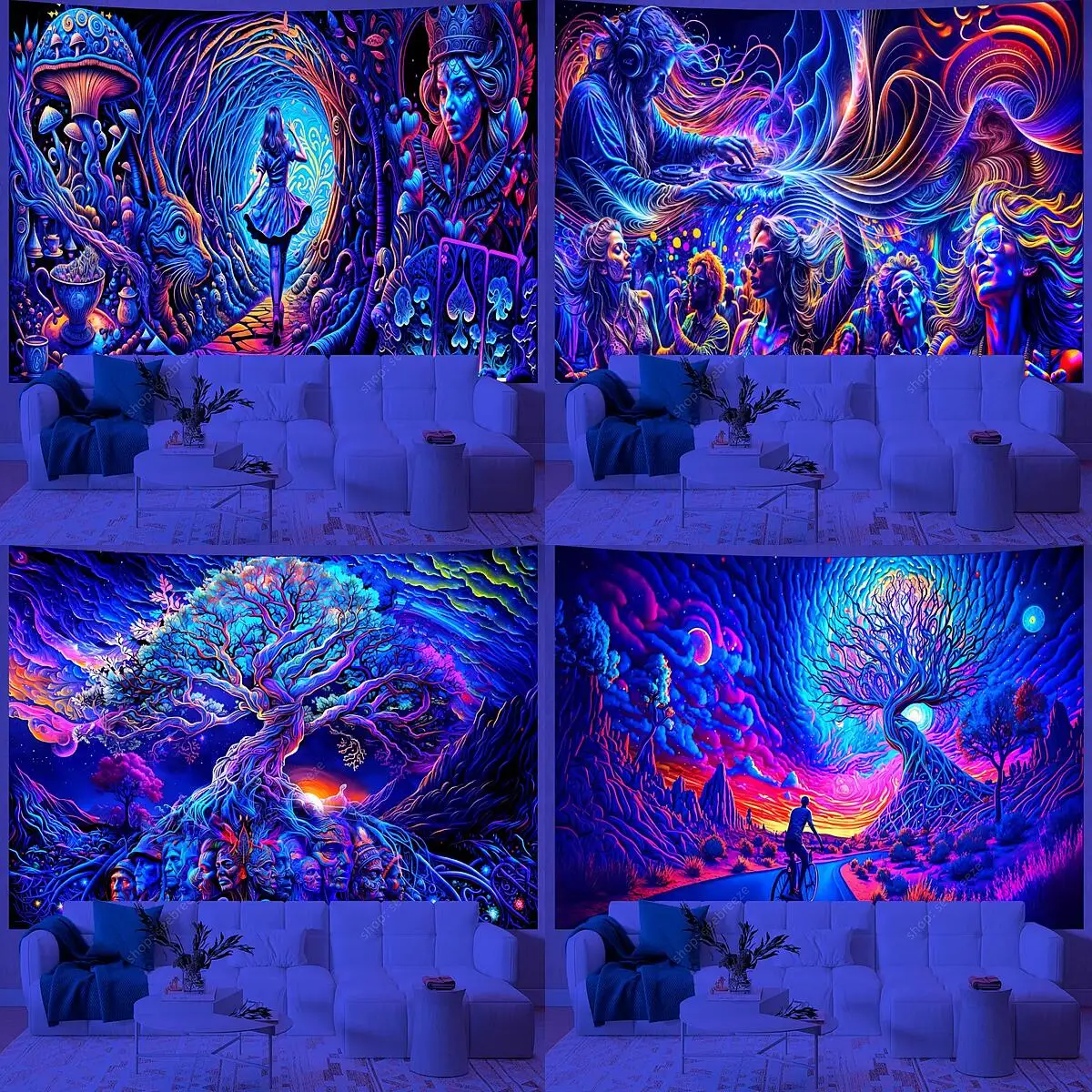 Psychedelic Figure UV Reactive Tapestry Trippy Colorful Landscape Wall Hanging Neon Tapestries for Room Decor Party Decor