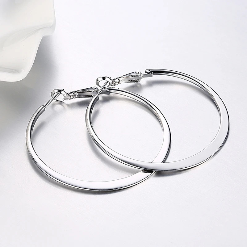 Pendiente de aro circular grande y plano de Plata de Ley 925 de 50MM para mujer, joyería de moda