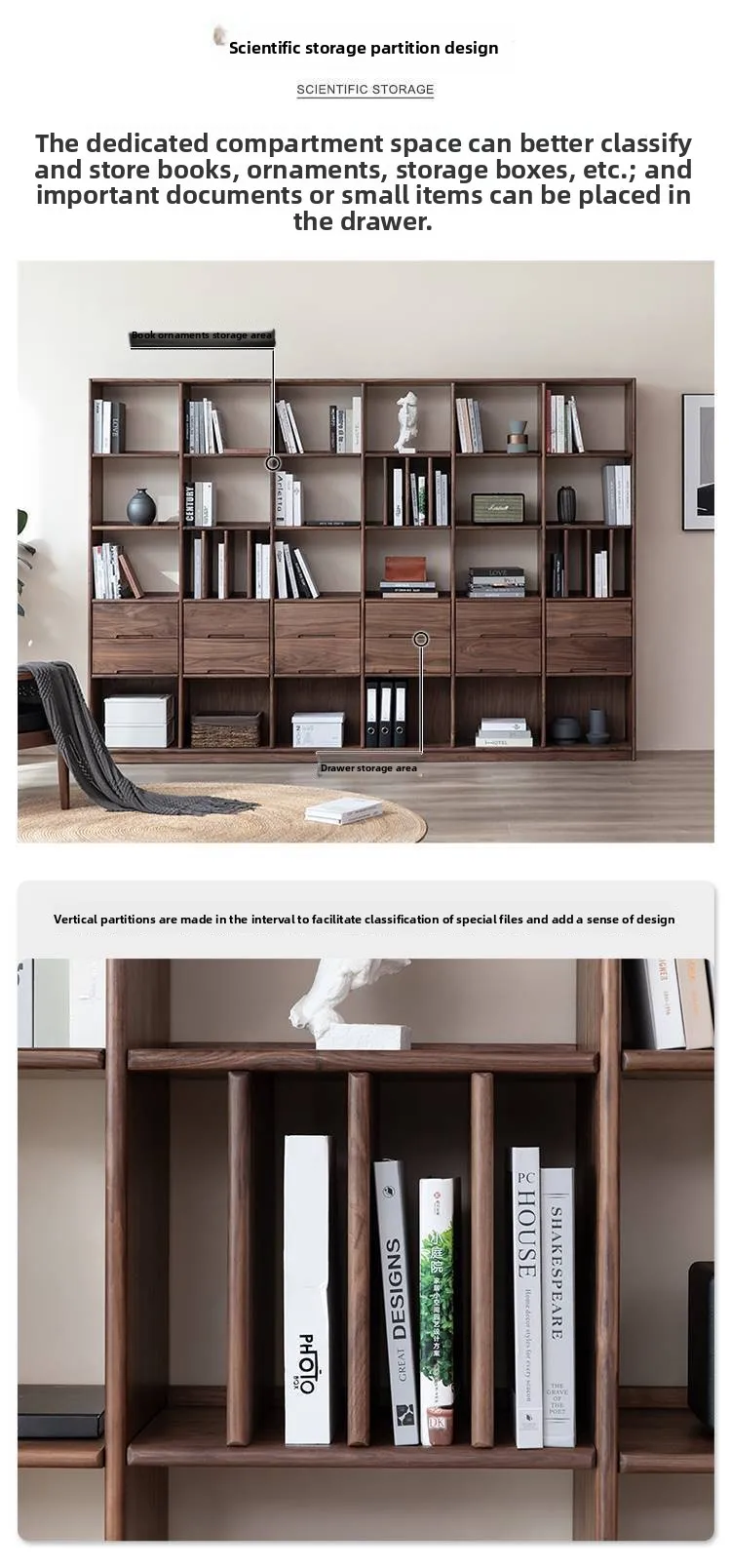 Modern and simple North America, black walnut log combination floor-to-ceiling bookcase, locker storage cabinet