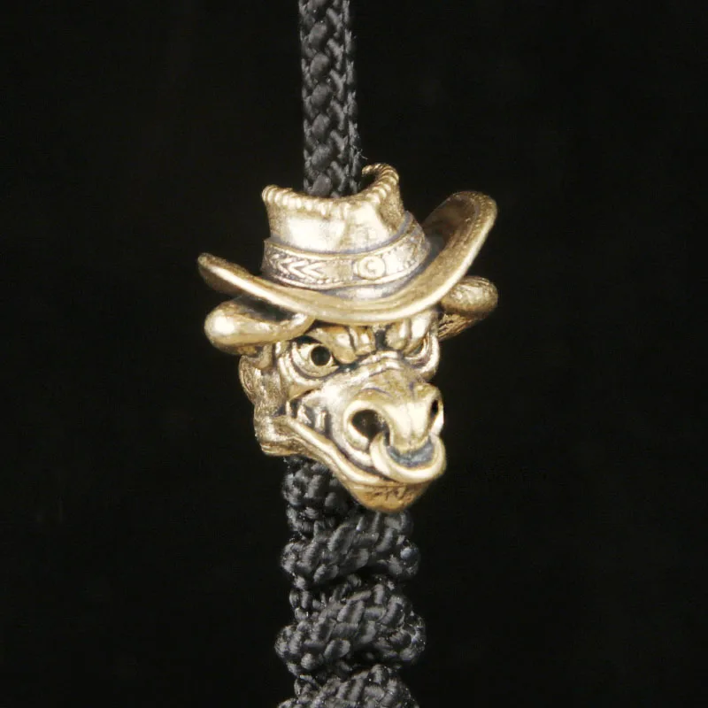 Brass Western Cowboy Bull Head EDC Knife Pendant Retro Keychain DIY Braided Cord Spacer Bead Charm Hanging Decoration Accessorie