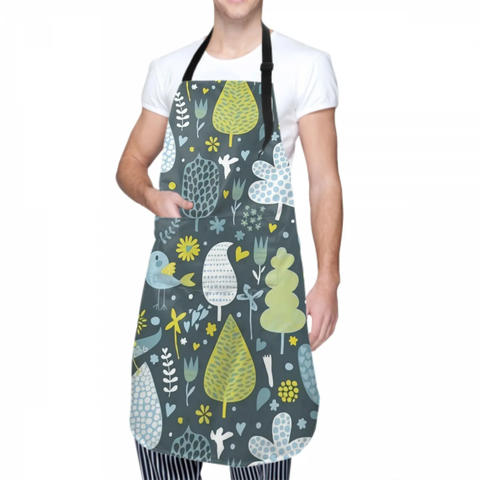 Flowers Waterproof Apron with 2 Pockets Kitchen Chef Aprons Bibs for Grooming Cooking Baking Painting Gardening