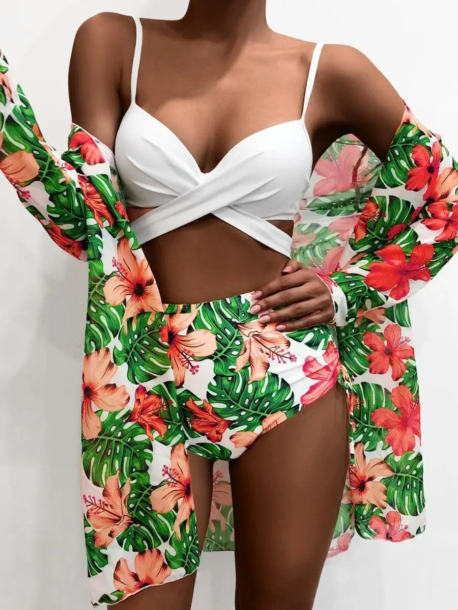 Nadanbao Sexy Mesh Floral Print Smock Bikini Swimwear Women Backless Fashion Bodysuit Swimsuit Female Summer Beach Party Bikini