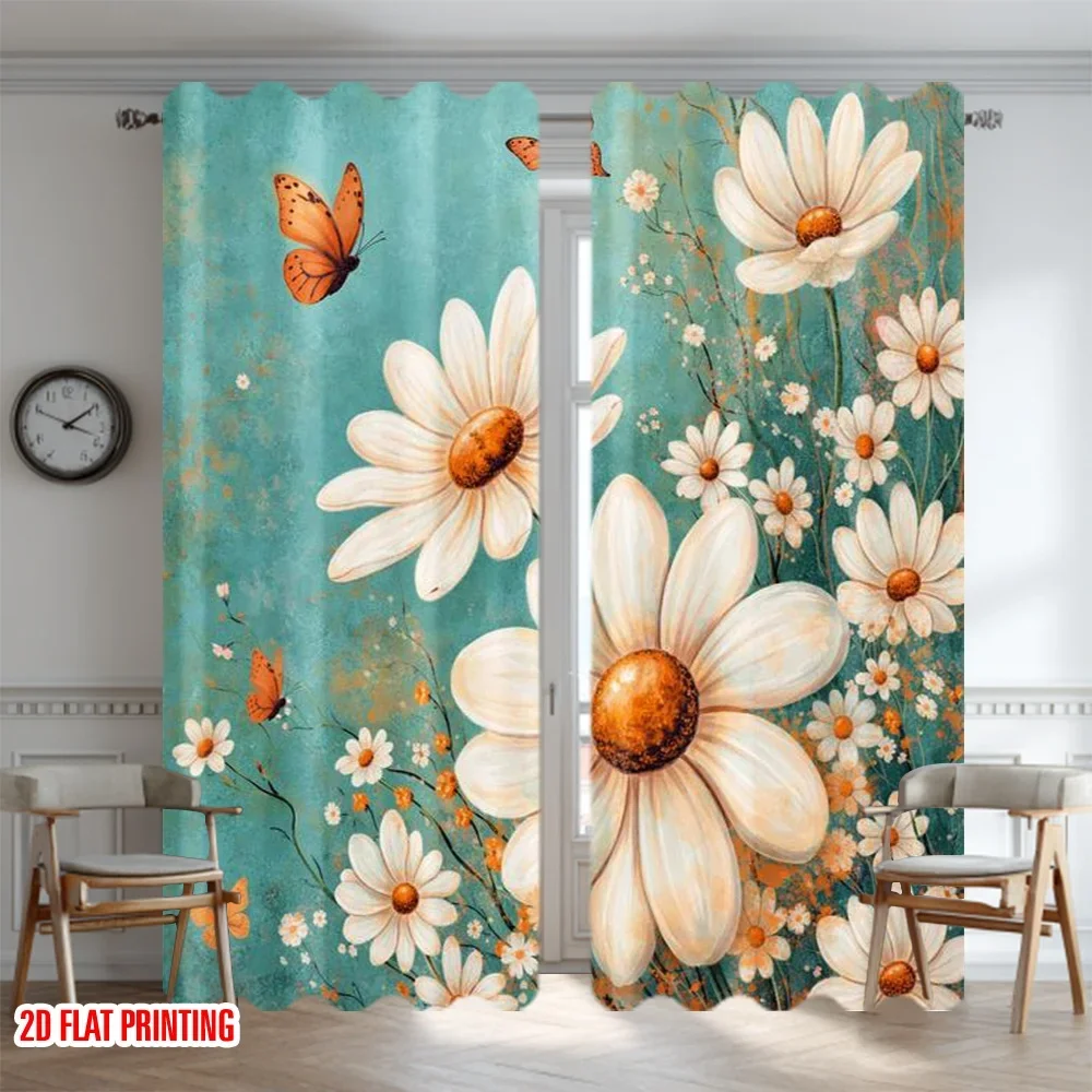 Floral Daisy Print Curtains Cottage Core Farmhouse Style Window Drapes Romantic Butterfly Pattern Nursery Decoration Home Curtai