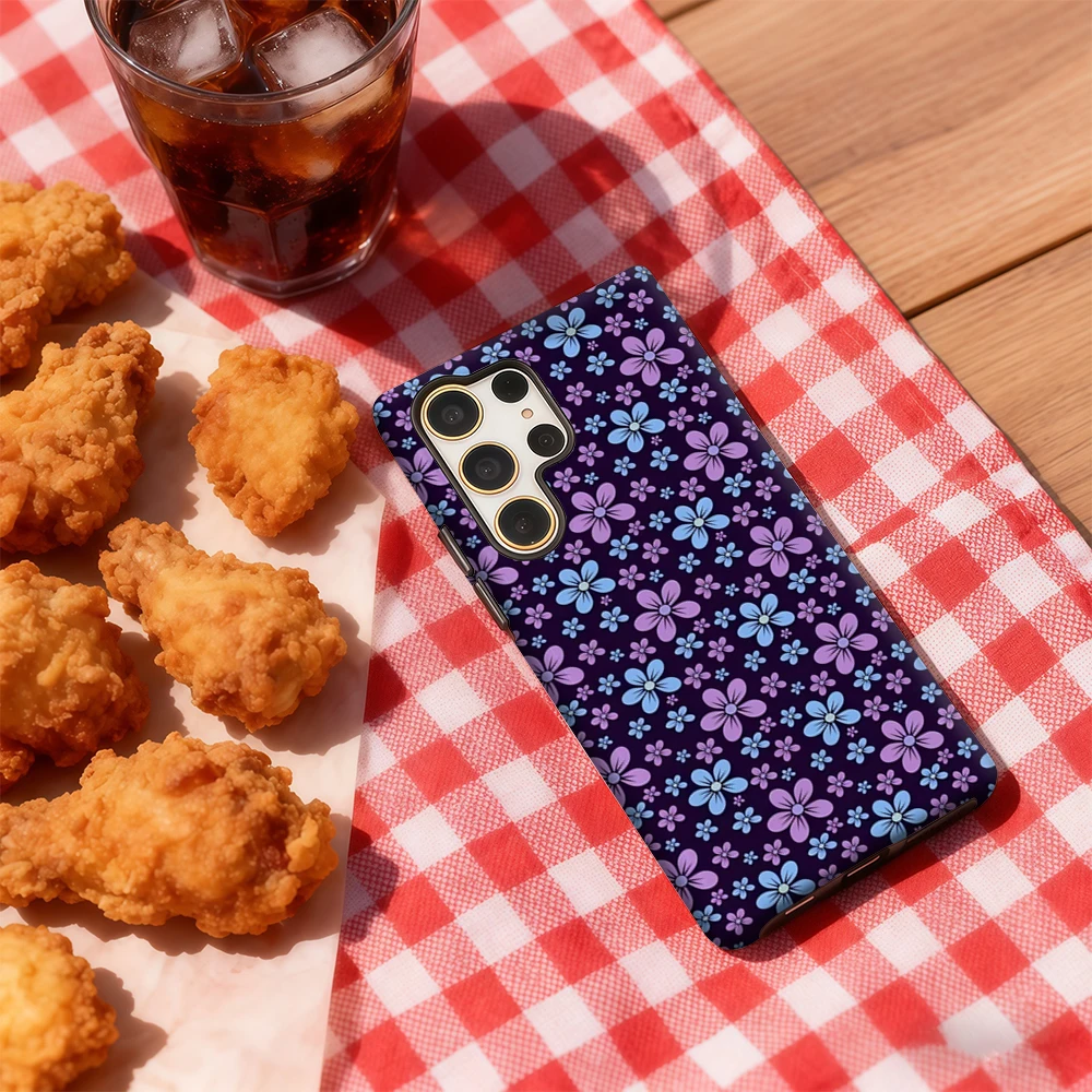 Blauwe en paarse bloemen telefoonhoesje voor Samsung Galaxy S25 Ultra S24 S23 Ultra Plus schokbestendige dubbellaagse achterkant