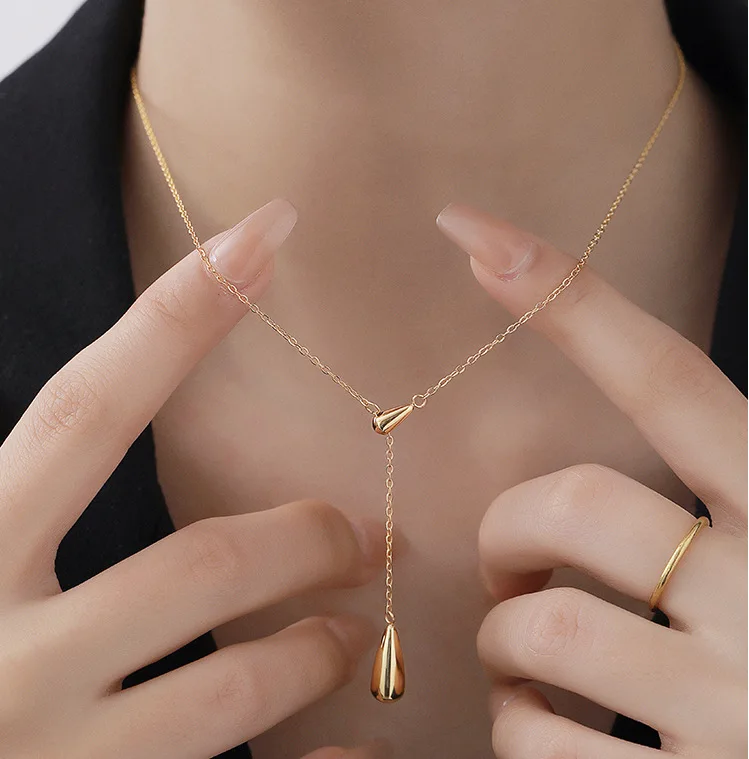 

Women's Summer Tassel Double Drop Necklace Glossy Collarbone Chain Titanium Steel Plated 18K Gold