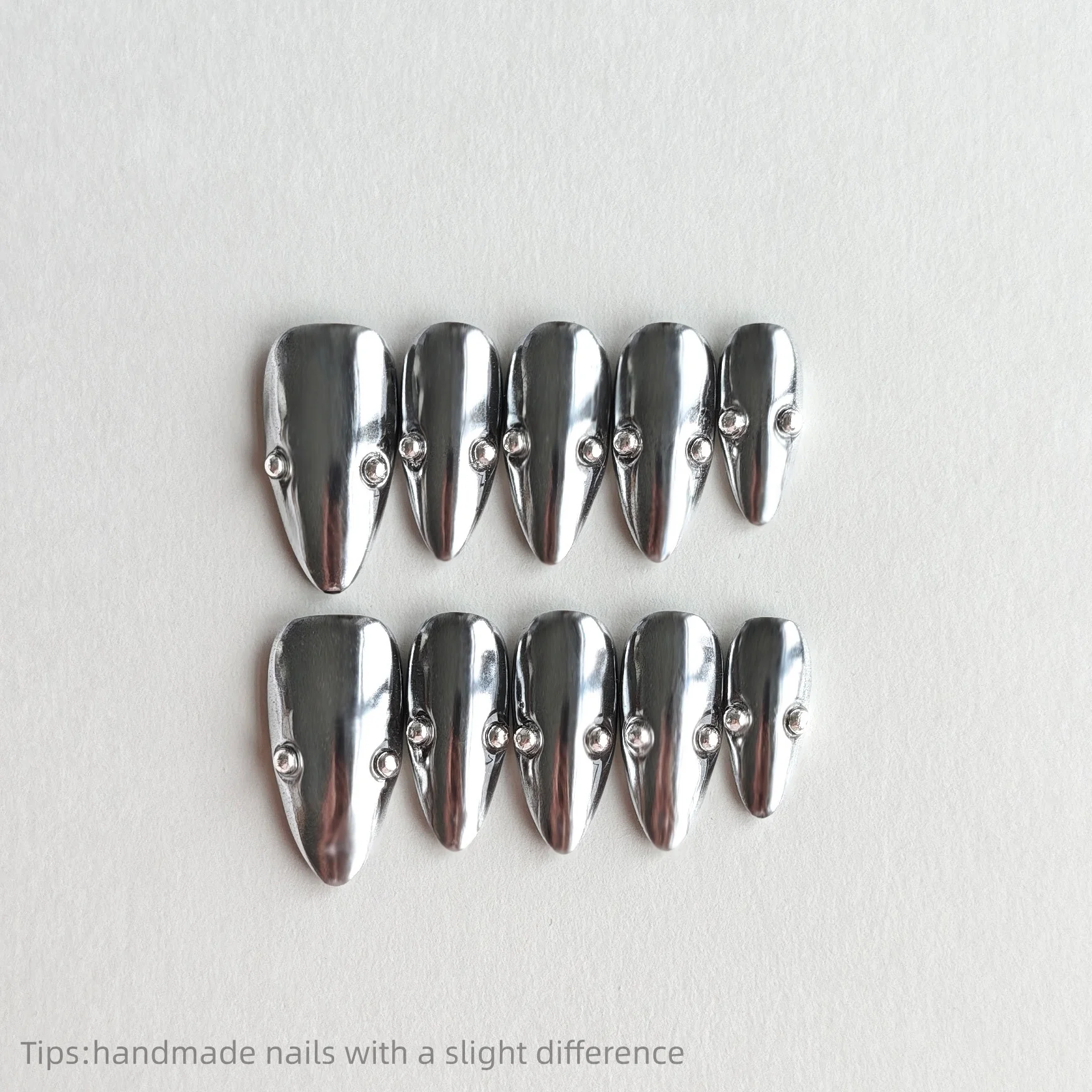 10pcs Handmade Silver Rhinestone Press on Nails Almond Long Full Cover Wearable Reusable Shiny Trendy False Nails 2026