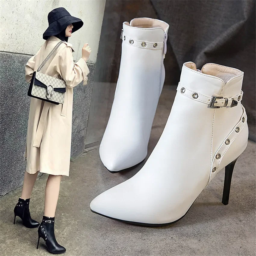 Fashion Winter Women Rivet Ankle Boots Red Yellow High Thin Heels Party Office Lady Eyelet Buckle Pointed Toe Zipper Short Boots