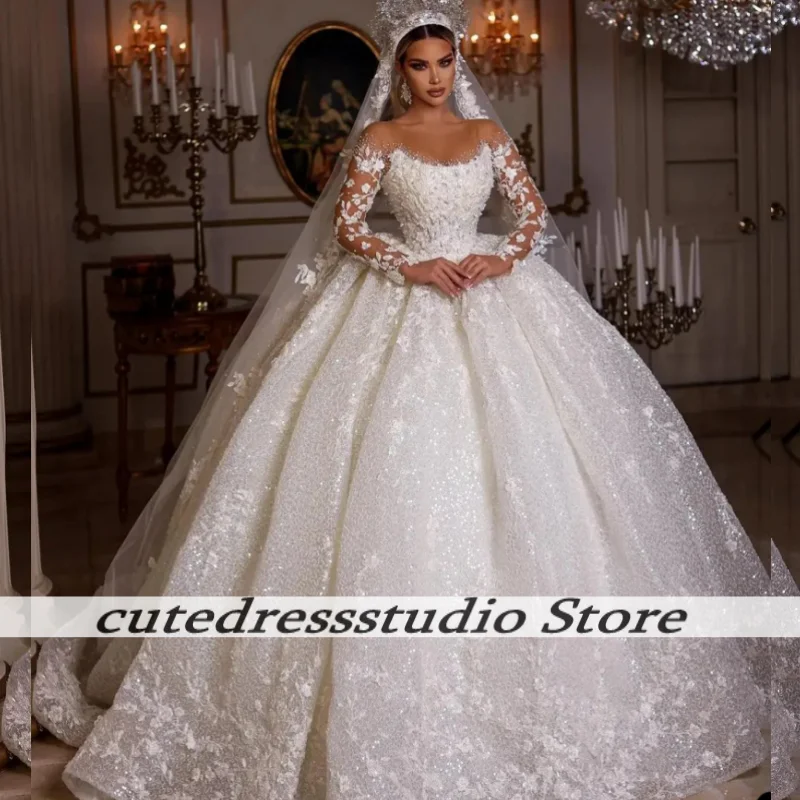 

Elegant Sequin Wedding Dresses 2025 Arabic Dubai Long Bridal Gowns Lace Applique Ball Gowns Vestidos De Novia Females Customized