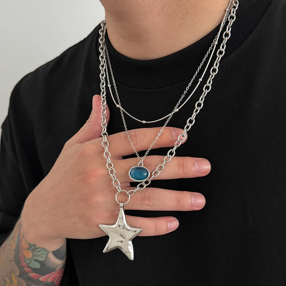 Ingemark 3 Pcs/Set Hip Hop Acrylic Rhinestone Star Pendant Necklace for Men Gothic Multi Layer Stacked Silver Color Neck Chain