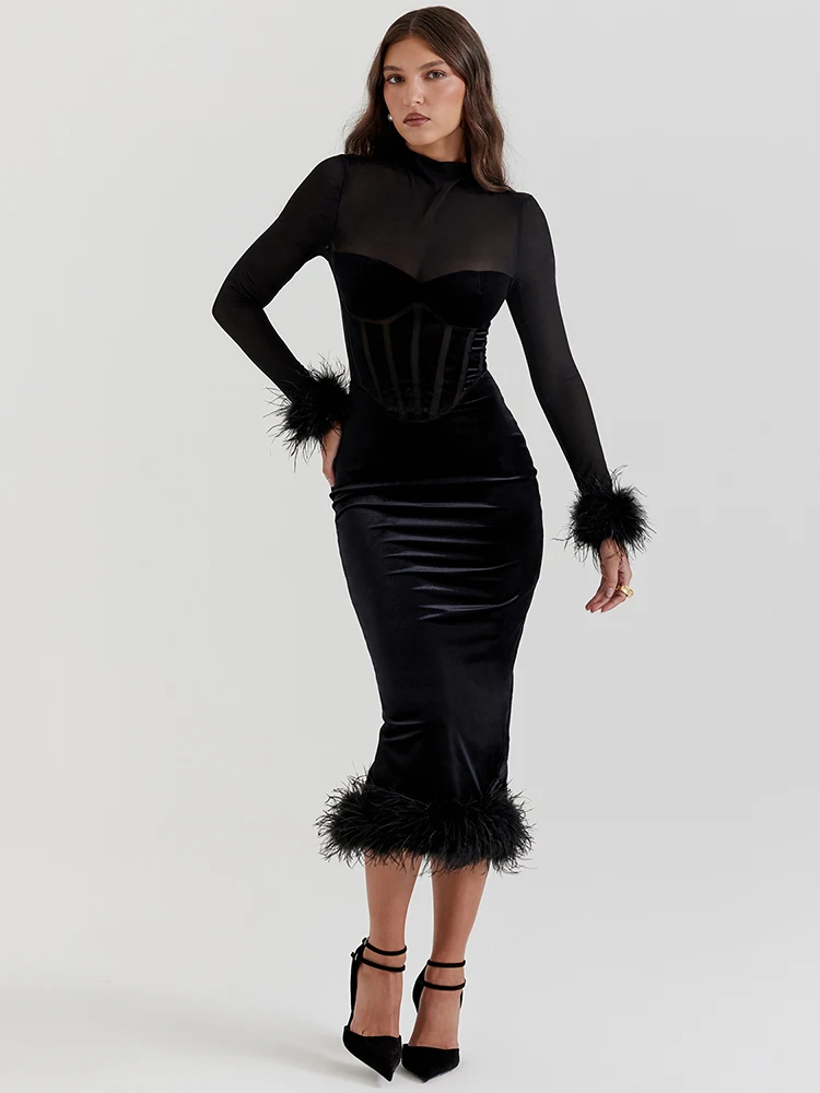 

NEW Elegant Feather Sexy Midi Dress for Women Black Fashion Sheer Long Sleeve Backless Bodycon Club Party Long Dress