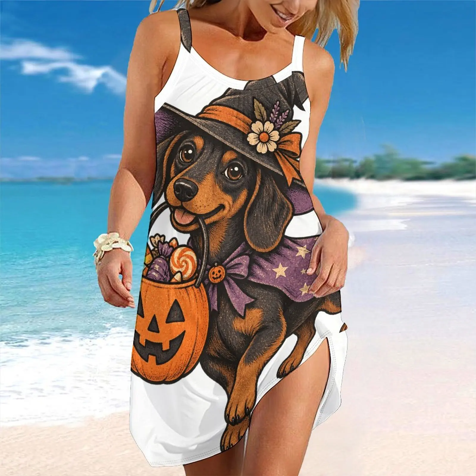 Women Spaghetti Strap Beach Dress V Neck Pleated Loose Mini Dress Custom Print Ladies Vacation Cover Up Dress