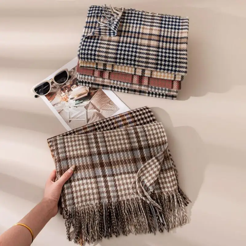 Vintage Houndstooth Scarf Women Winter Warm Imitation Cashmere Tassel Shawl Large Size Plaid Neck Wrap Fashion Ladies Stole
