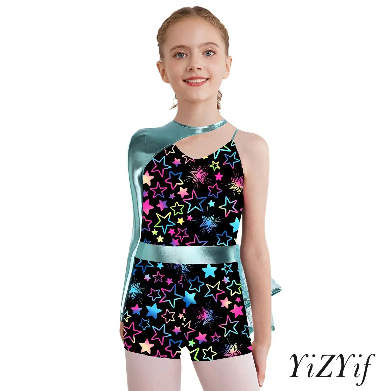 

Kids Girls One Shoulder Single Long Sleeve Ballet Dance Leotard Vibrant Print Sequins Mesh Athletic Bodysuit Gymnastic Jumpsuit