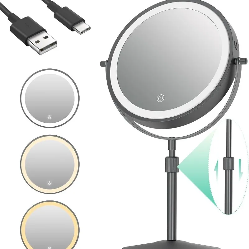8 Inch LED Makeup Lights with Mirror 5X Magnification Double-Side High-Definition 3 Color Lights Source Vanity Lamp Standing