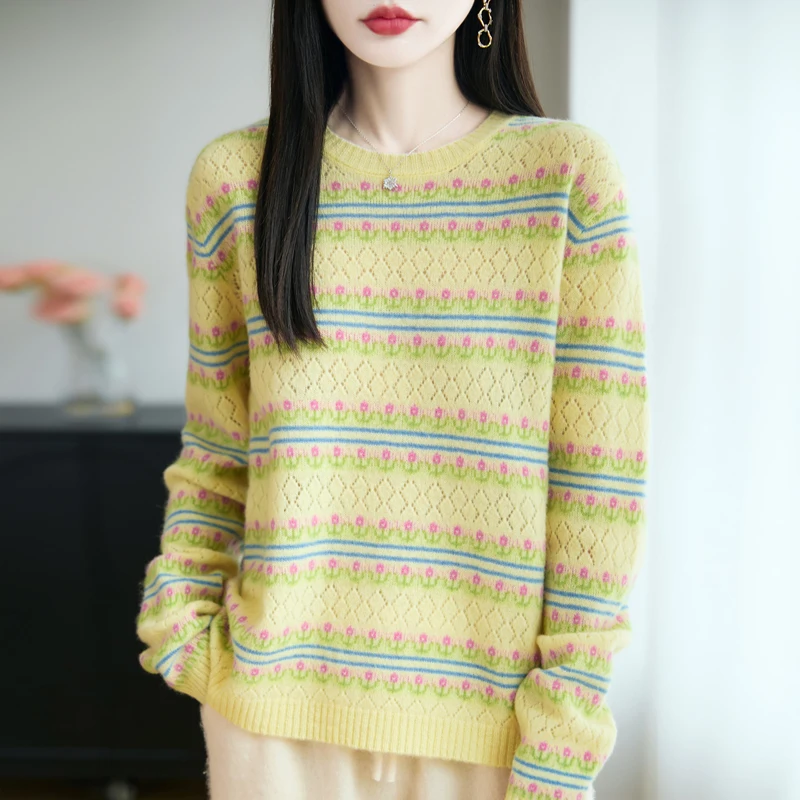 Autumn Winter New Arrival Women's Merino Wool Pullover Sweater O-Neck Floral Striped Knit Hollow-Out Gentle Long Sleeve Knit Top