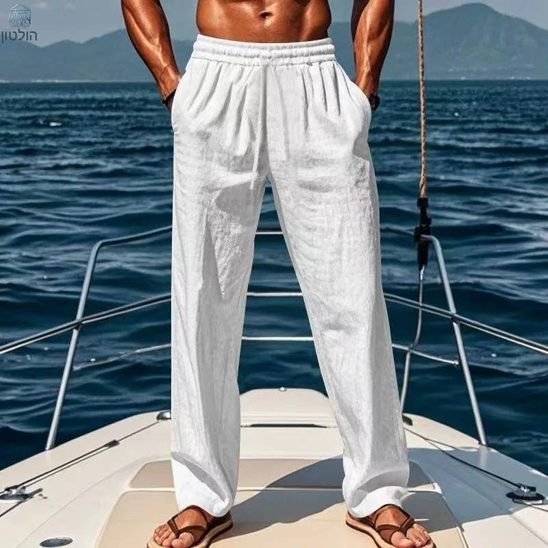 Spring Summer New Men's Breathable Anti-Linen Casual Vacation Loose Straight Leg Pants Lightweight Cotton-Linen Blend