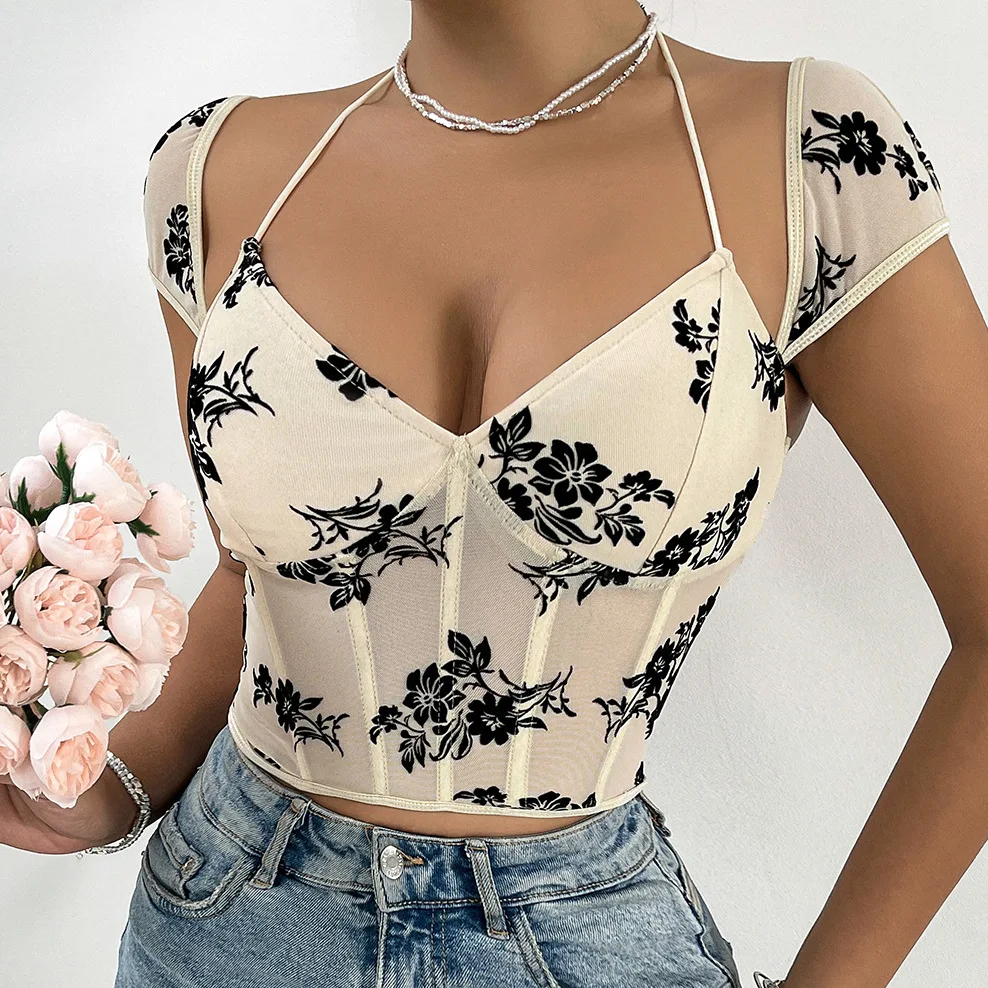 

Floral Print Corset Cropped Tops for Women Slim Lingerie Tank Top Summer Casual Bone Halter Bustier Sexy Shaper Camisole T-shirt