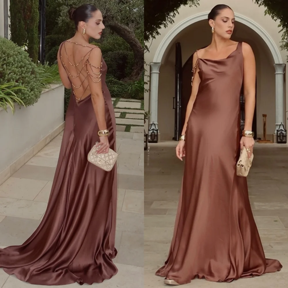 

Customized Exquisite Satin Evening Dresses Fashion Scoop Celebrity Gowns Modern Backless Open Back Special Occasion Gowns