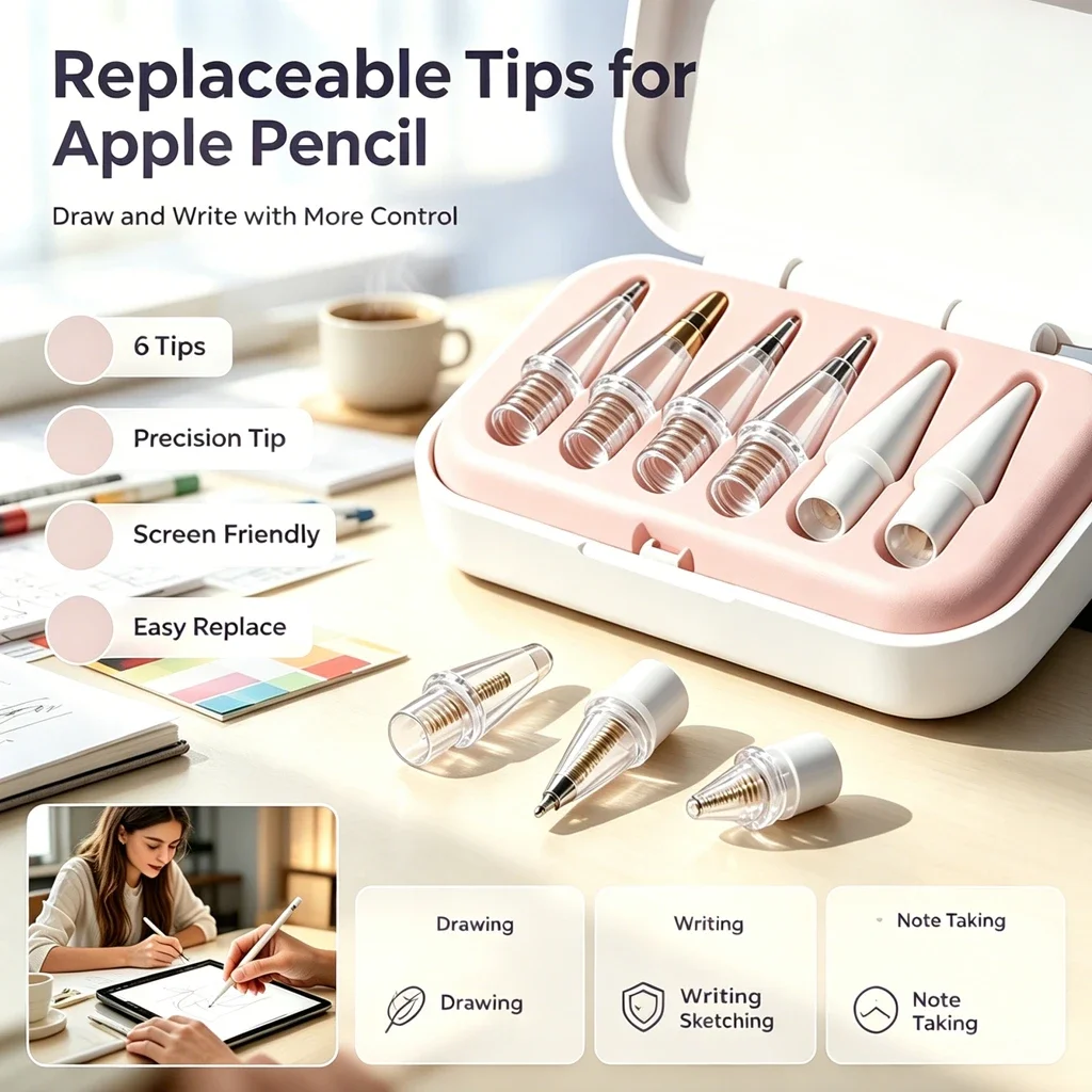 Metal Clear Replacement Nibs For Apple Pencil 1 2 USB-C Pro, 6Pcs High Precision Tips, Wear Resistant Smooth Writing iPad Stylus