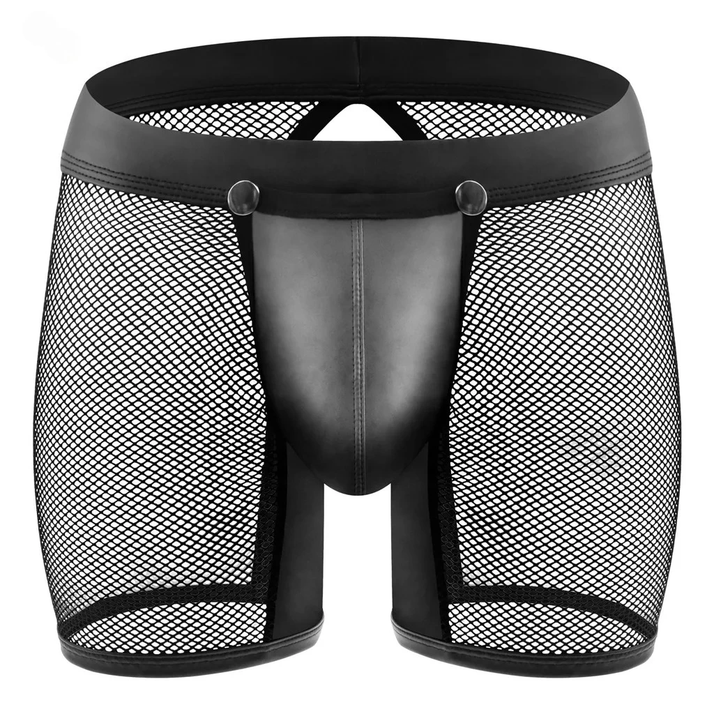 

Men Sexy Fishnet Boxer Briefs Pouch Faux Leather Mesh Patchwork Trunks Sheer Hollow Underpants Lengthening Open Buttocks Panties