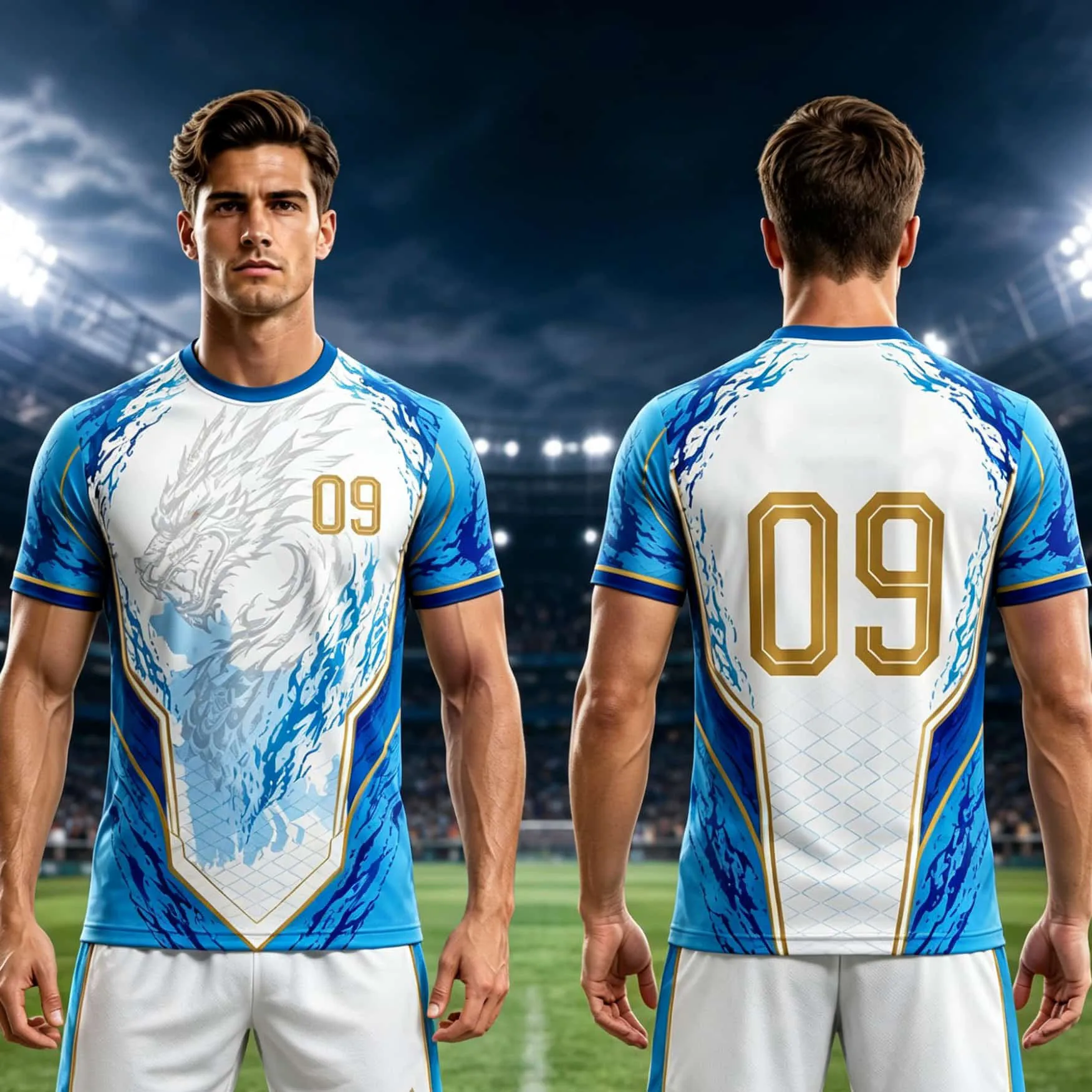 New Arrival Men Breathable Soccer Team Uniform, Blue‑White Splash Dragon Graphic No.09 Short Sleeve Sport Competition Jersey