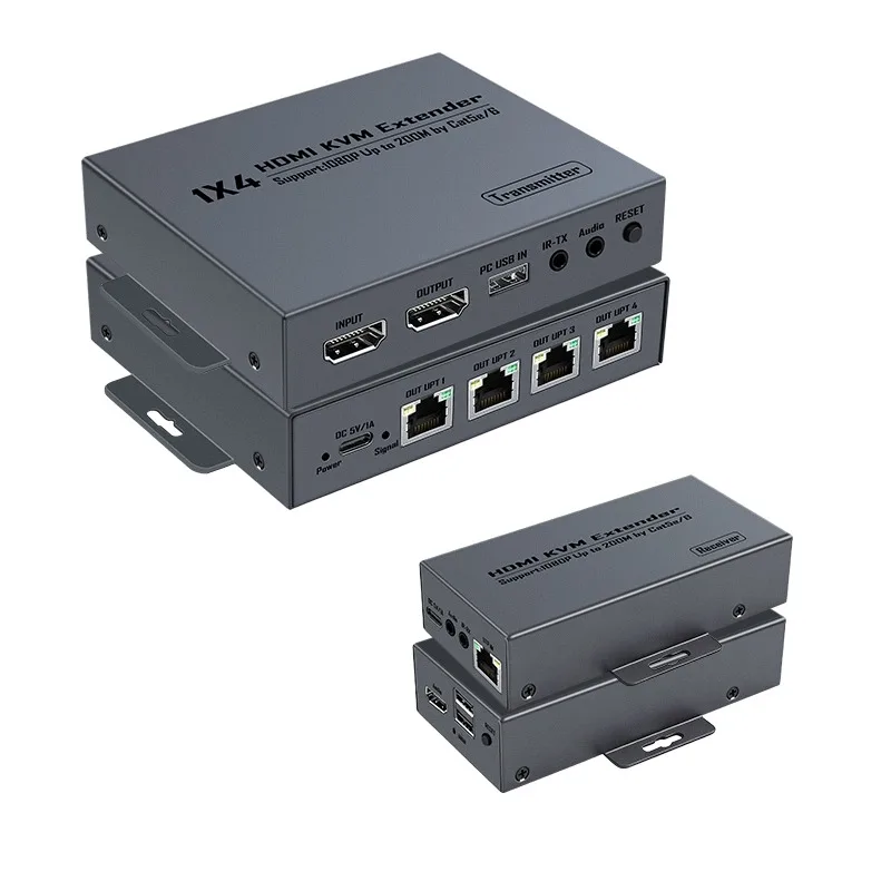 200m HDMI KVM Extender 1080P 60Hz 4K@30Hz Over Cat5e Cat6 RJ45 Ethernet Video Transmitter Receiver Kit USB Keyboard Mouse Metal