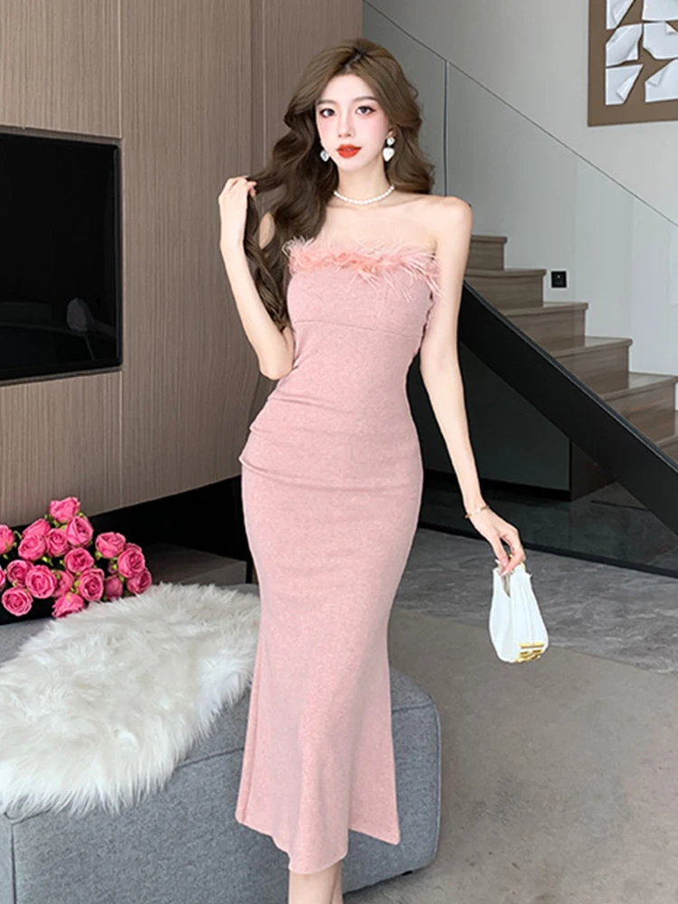 

Celebrity Sweet Prom Dresses Women Clothing Elegant Sexy Fur Collar Wrapped Chest Bag Hip Fishtail Robe Lady Party Club Vestidos