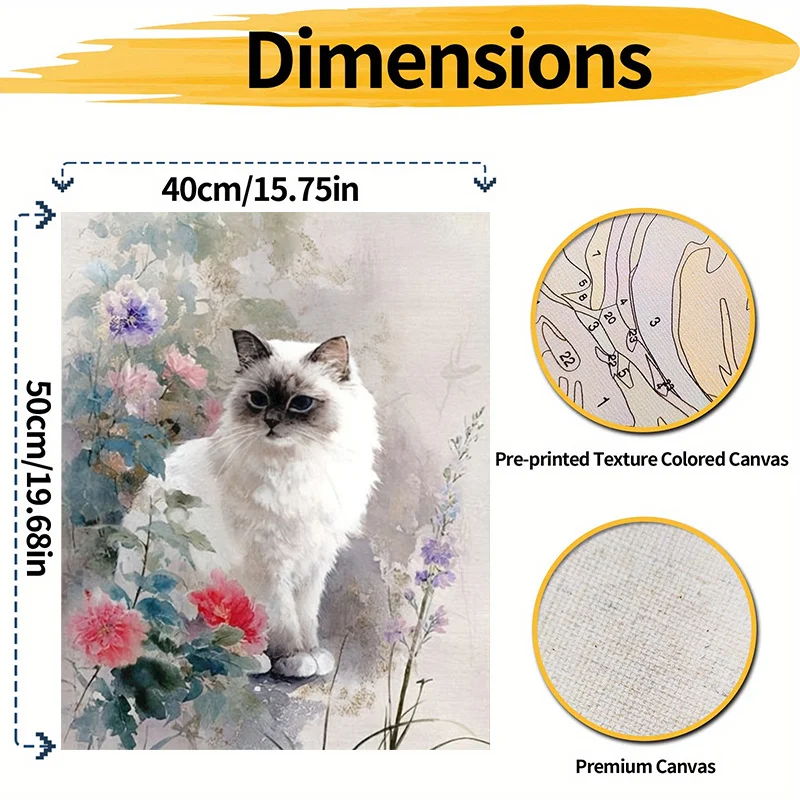 Professional Art Use, 1 Set Professional Art-Grade Adult Paint by Numbers DIY Kit, Watercolor Style Ragdoll Cat with Blooming Fl