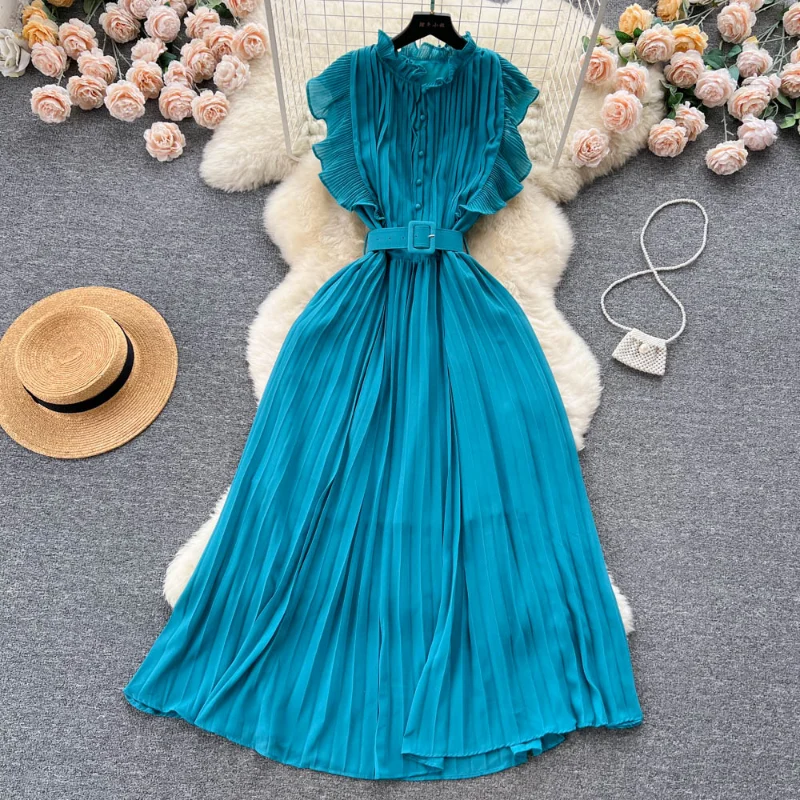 Neploe Vintage O-neck Chiffon Long Dress for Women Summer Slim Waist Ruched Dresses Y2k Sweet Flying Sleeve Ruffles Vestidos