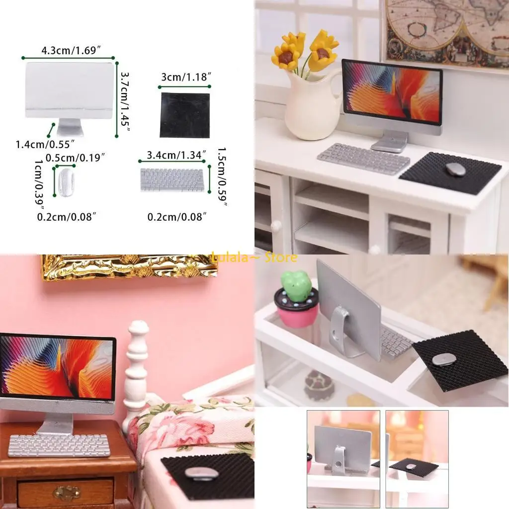 Y4QA 4Pieces/Set Miniature Model Desktop Computer incl Keyboard for Scaled Study Room