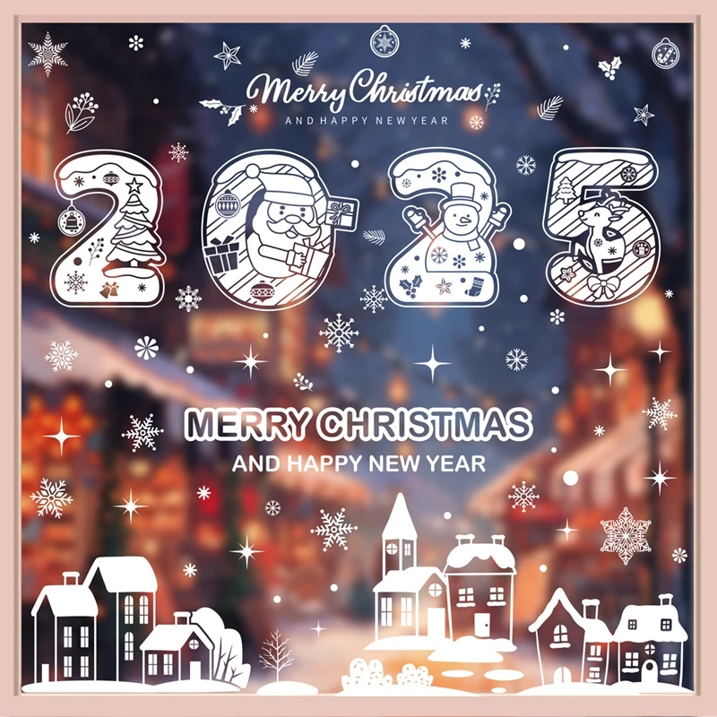 2025 Merry Christmas Window Sticker New Year Electrostatic Glass Sticker Santa Claus Snowflake DIY Decal Home Room Decorations