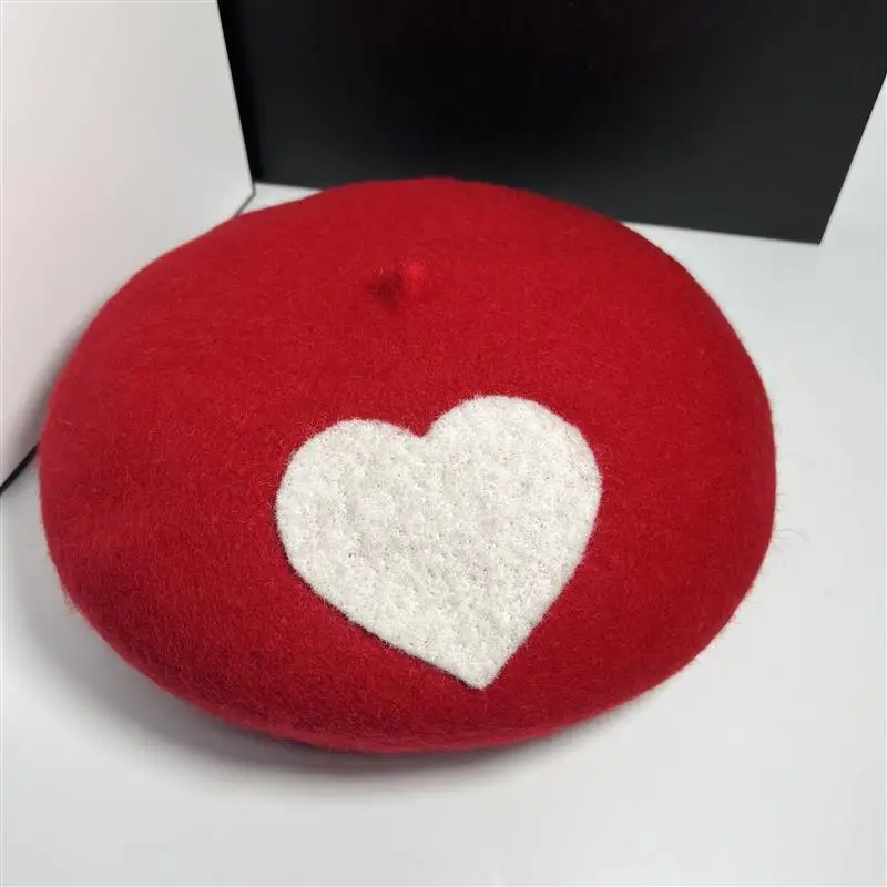 New DIY Women Beret Red Black White Big Heart Love Thick Wool Felt Adult Kids Beanie Painter Handmade Warm Beret Cap