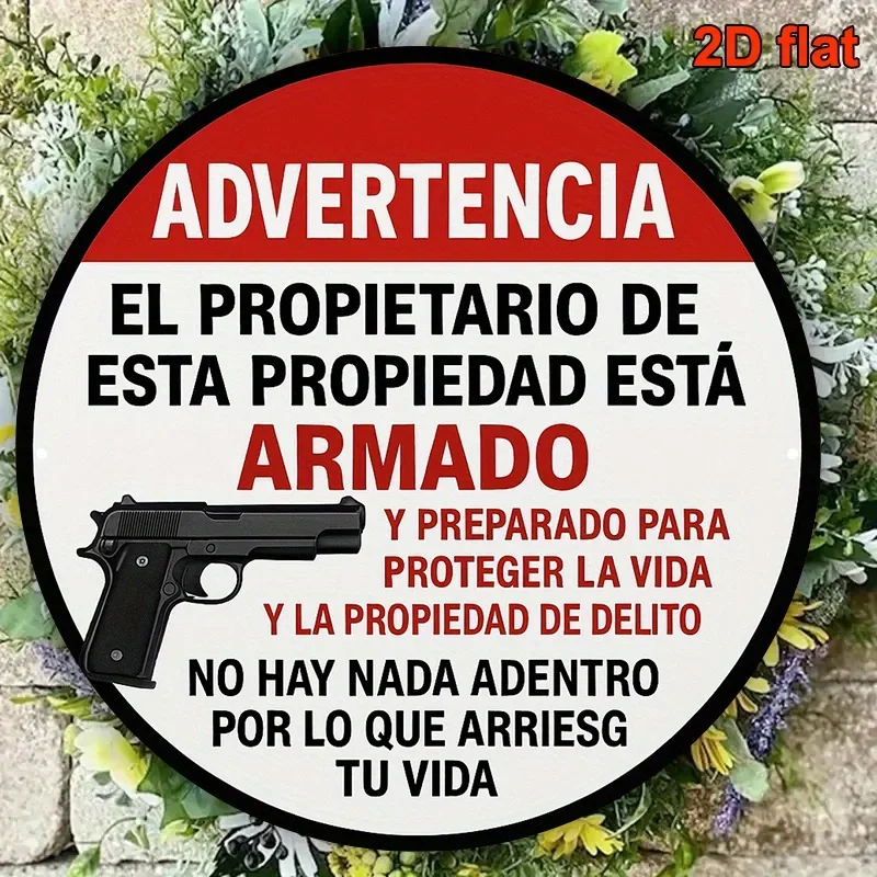 Flat 2D Aluminum Circular Sign, One by One, Warning Sign for Gun Owners, with Bilingual English and Spanish Text, Vintage Safety Sign