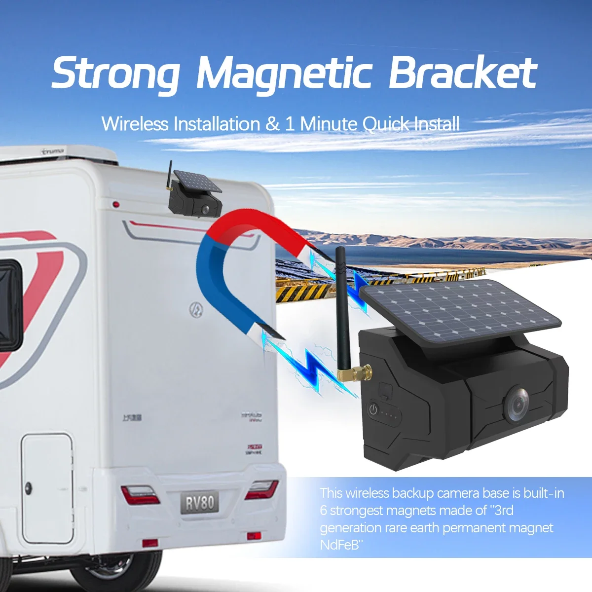 New Solar Power Camera Wireless RV Camera Monitor Solar Dash Cam Security Magnetic Stand Dvr System for Truck Rv Trailer Vehicle