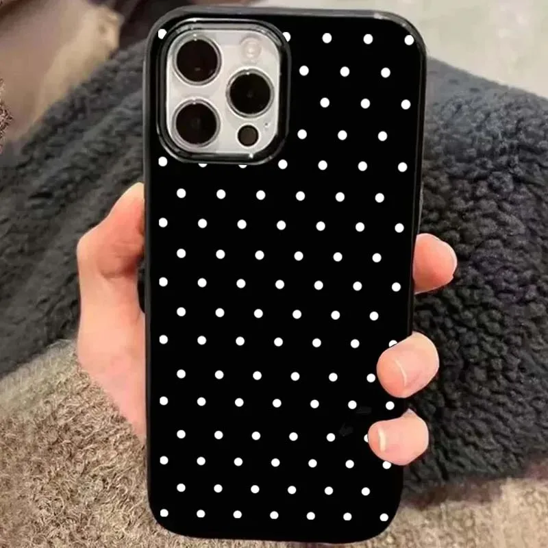 Funda de teléfono coreana de lunares blancos para iPhone 17 16 Pro 15 14 Plus 13 12 11 Pro Max 16E 7 8 Plus, funda suave negra a prueba de golpes