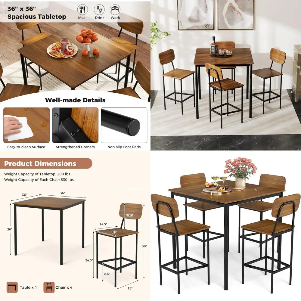 

5-Piece Dining Set for Small Spaces with Steel Frame, Square Breakfast Table Option