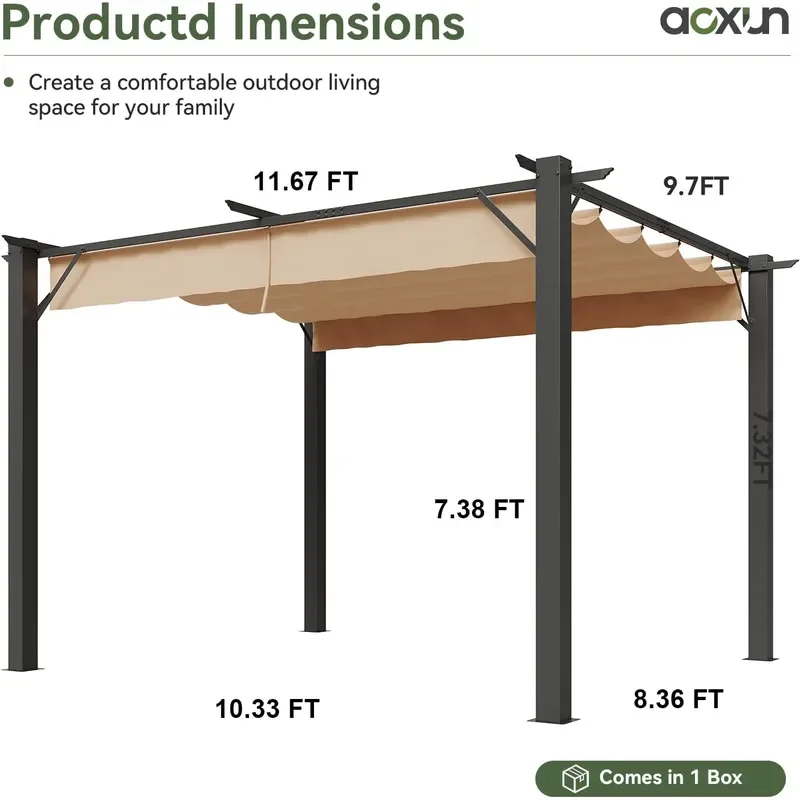 10x12 Retractable Pergola with Sun Shade Canopy Outdoor Heavy Duty Metal Frame Gazebo Multi-Purpose Grape Trellis Shade