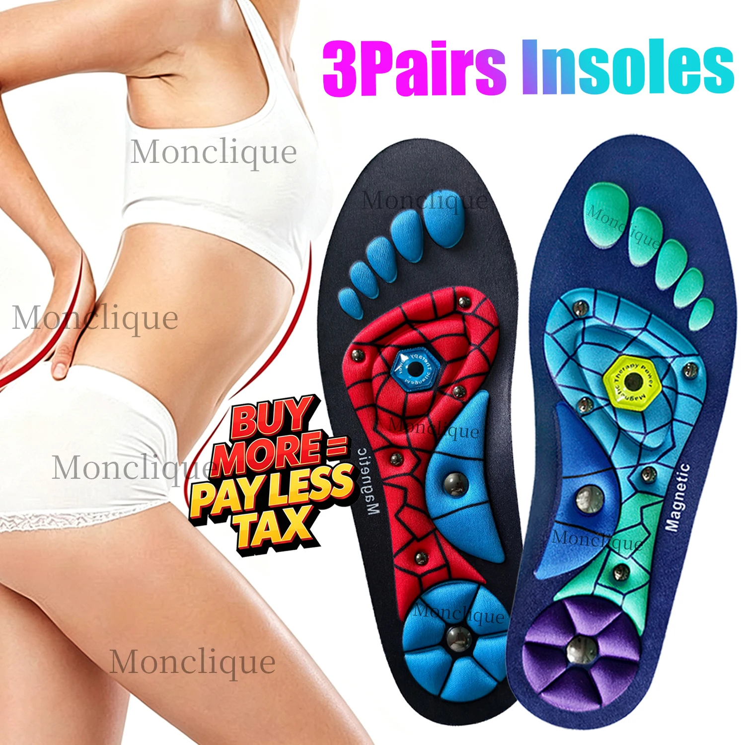 3Pairs Magnetic Therapy Acupoint Massage Insole EVA Arch Support Orthopedic Sports Shoe Mat Soft Relax Plantar Muscle Breathable