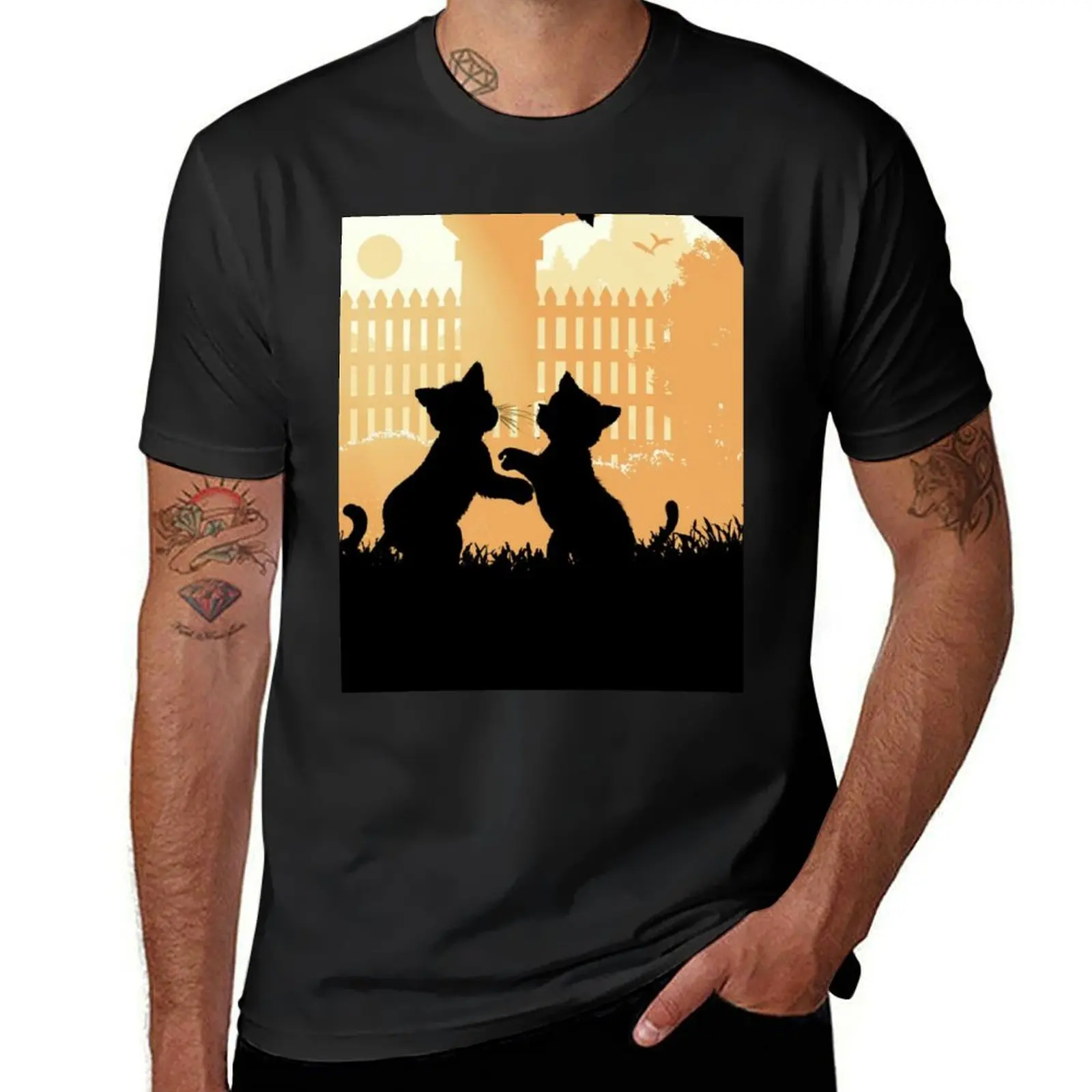 Silhouetted Cats Playing in a Sunlit Garden- Silhouetted Cats T-Shirt sublime vintage t shirt men