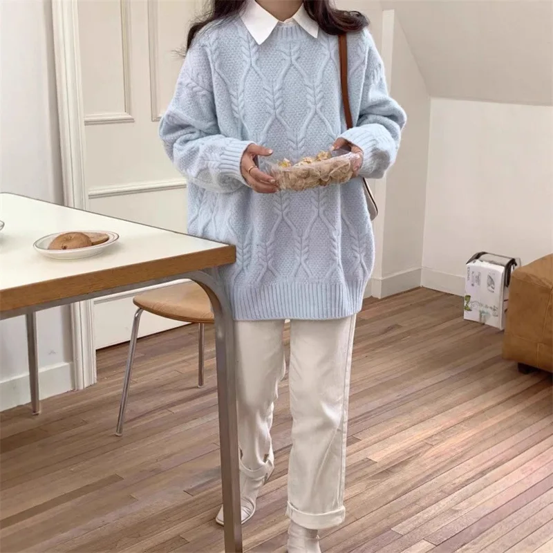 

Pullover Soft Nourishing Twist Design Geometric Pattern Autumn Winter New Women's Thickened Loose Knitted Sweater round Neck