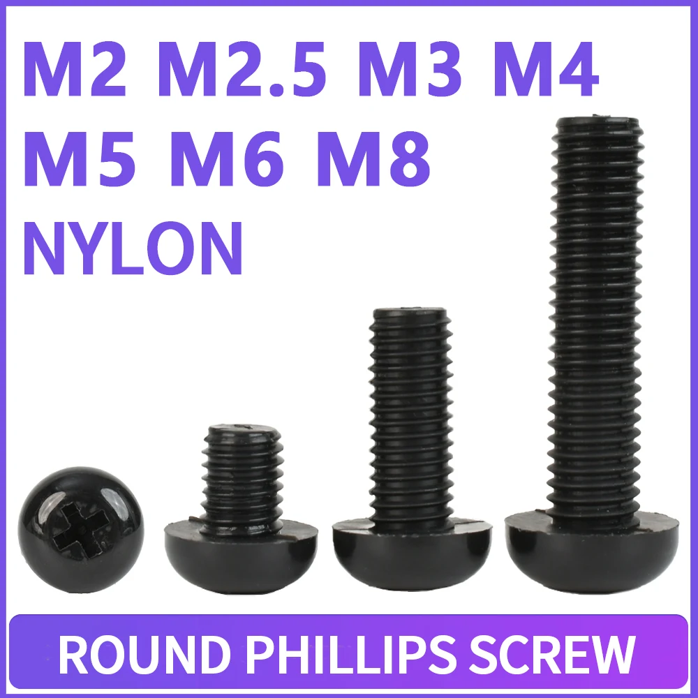 20~200Pcs M2 M2.5 M3 M4 M5 M6 M8 Metric Thread Black Nylon Plastic Phillips Screw Pan Head Cross Round Screws Bolt Length 4-50mm