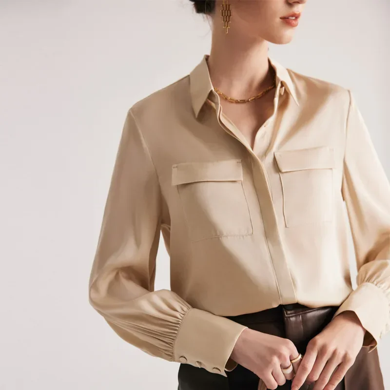 Silk Shirt Women\'s 2024 Spring and Summer New Long-sleeved Commuting Solid Color Temperament Hangzhou Mulberry Silk Top